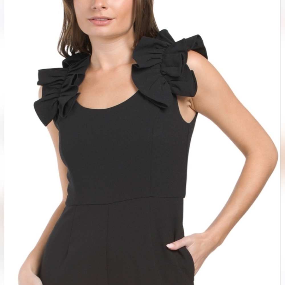Donna Ricco Black Ruffle Shoulder Jumpsuit - Picture 2 of 5